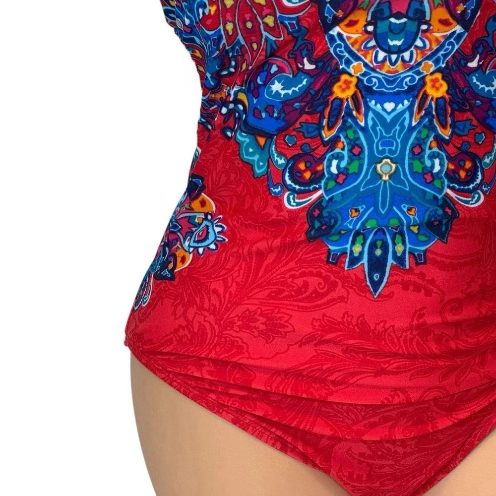 Lauren Ralph Lauren Red‎ Paisley Bandeau One Piece Swimsuit Womens Size 12